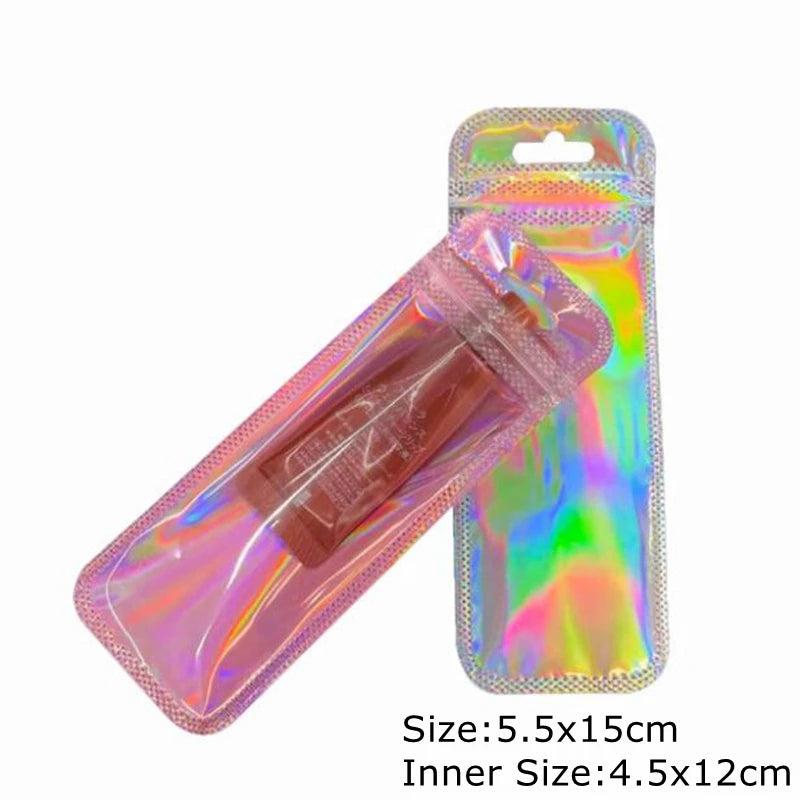 50pcs Pink Holographic Ziplock Bead Bag Small Plastic Storage Pouch