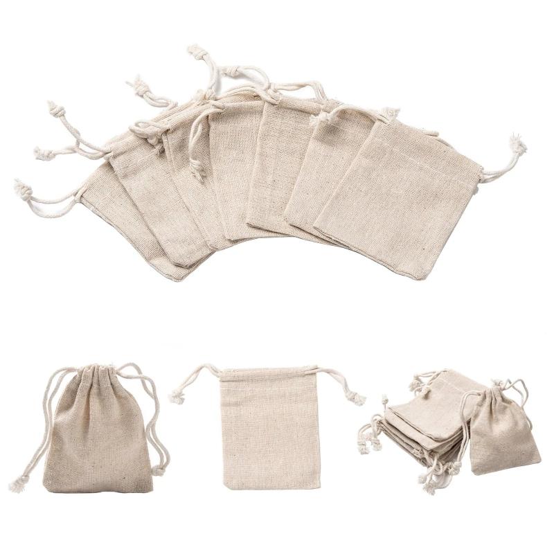 10Pcs Burlap Cotton Gift Bags Drawstring Pouches Wedding Christmas Decoration