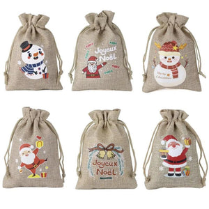 5pcs Christmas Linen Flax Bag Burlap Drawstring Pouch