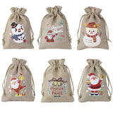 5pcs Christmas Linen Flax Bag Burlap Drawstring Pouch