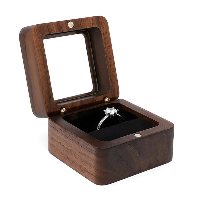 Portable Retro Brown Wood Ring Box Jewelry Chest Organizer