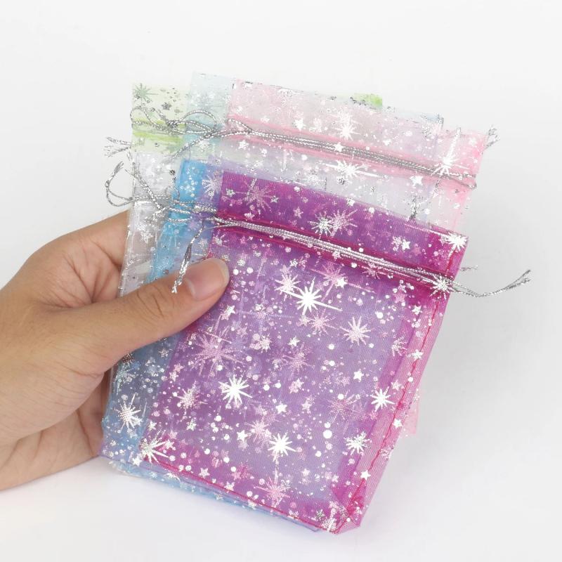 50pcs Silver Gypsophila Organza Gift Bag 10x12cm Drawstring Charm Jewelry Pouche