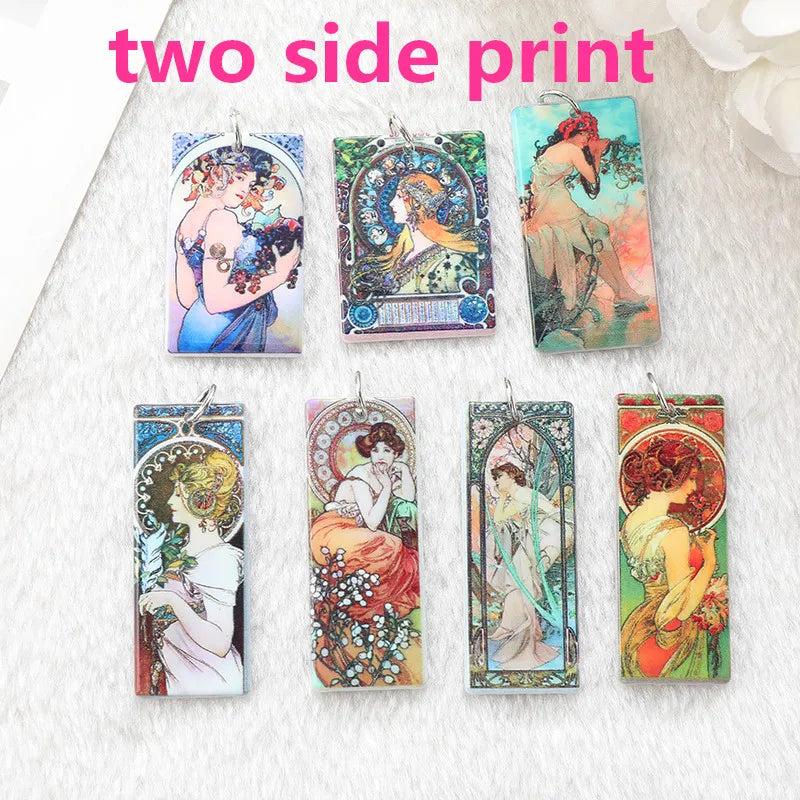 8Pcs Mucha Vintage Charms Acrylic Painting Earring Keychain Pendant Necklace DIY