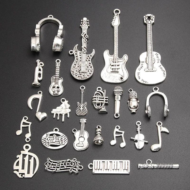 30pcs Mix Silver Music Instruments Note Headphone Charms Microphone