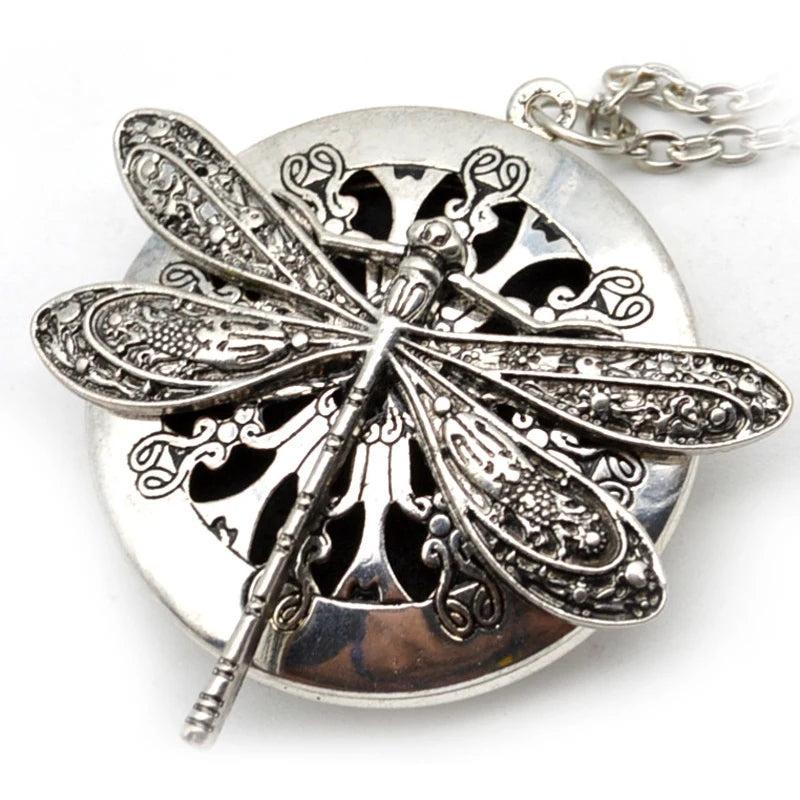 Antique Silver Dragonfly Aromatherapy Pendant Necklace
