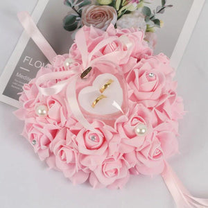Heart Shape Ring Pillow Cushion Rose Flowers Jewelry Case