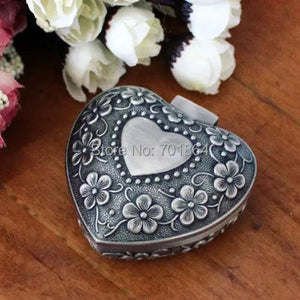 Heart Shape Retro Jewelry Storage Metal Case Vintage Flower Carved Trinket Box