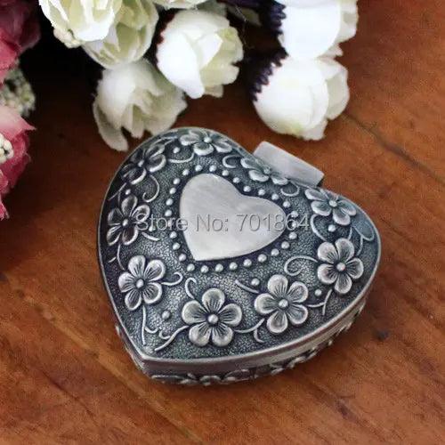 Heart Shape Retro Jewelry Storage Metal Case Vintage Flower Carved Trinket Box