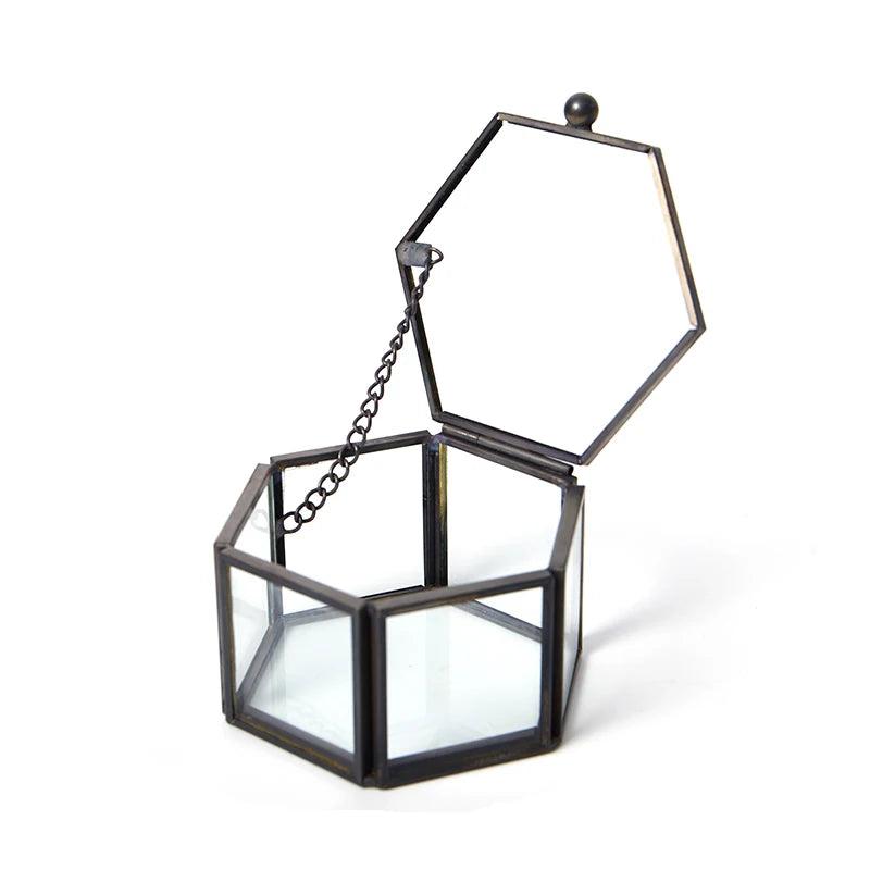 Geometric Pattern Mini 6 Sided Ring Box Brass Bar Glass