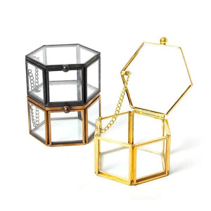 Geometric Pattern Mini 6 Sided Ring Box Brass Bar Glass