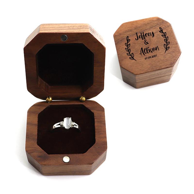 Personalized Square Ring Box Walnut Wood Proposal Engagement Wedding