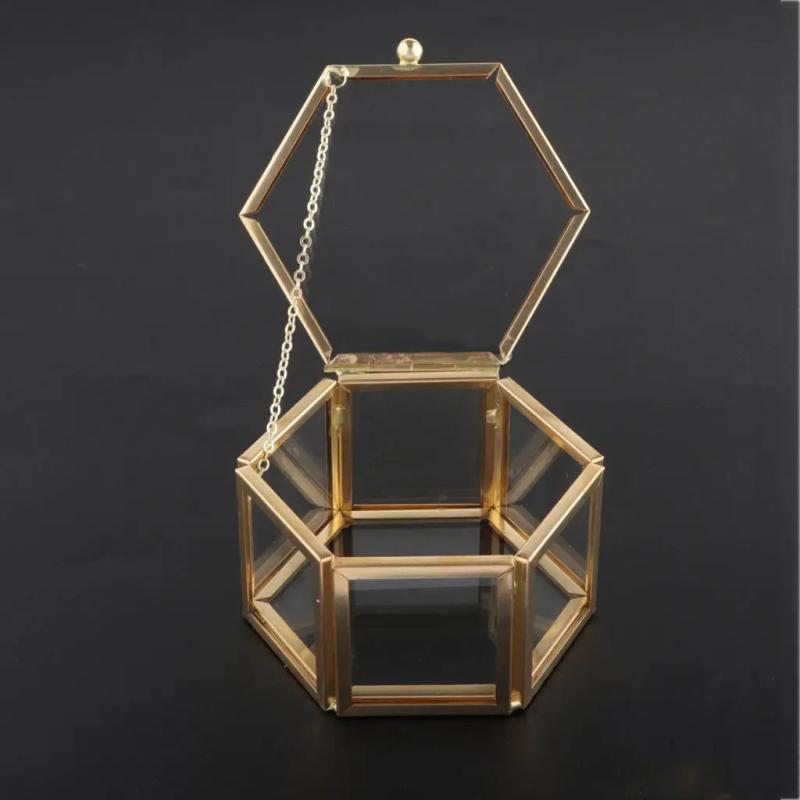 Hexagon Glass Jewelry Box Wedding Ring Organizer Showcase Container