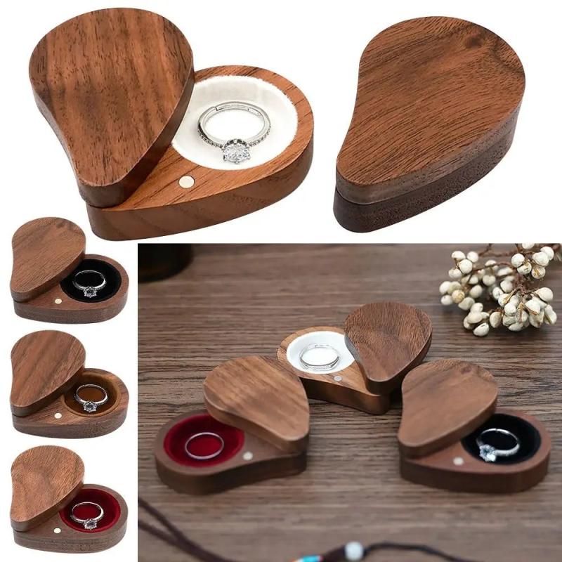 Wooden Heart Shape Wedding Jewelry Box Ring Storage Holder Display Box
