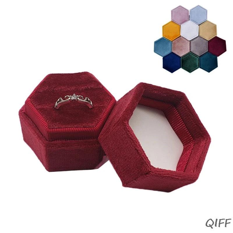 Hexagon Velvet Double Ring Box Wedding Ring Ceremony
