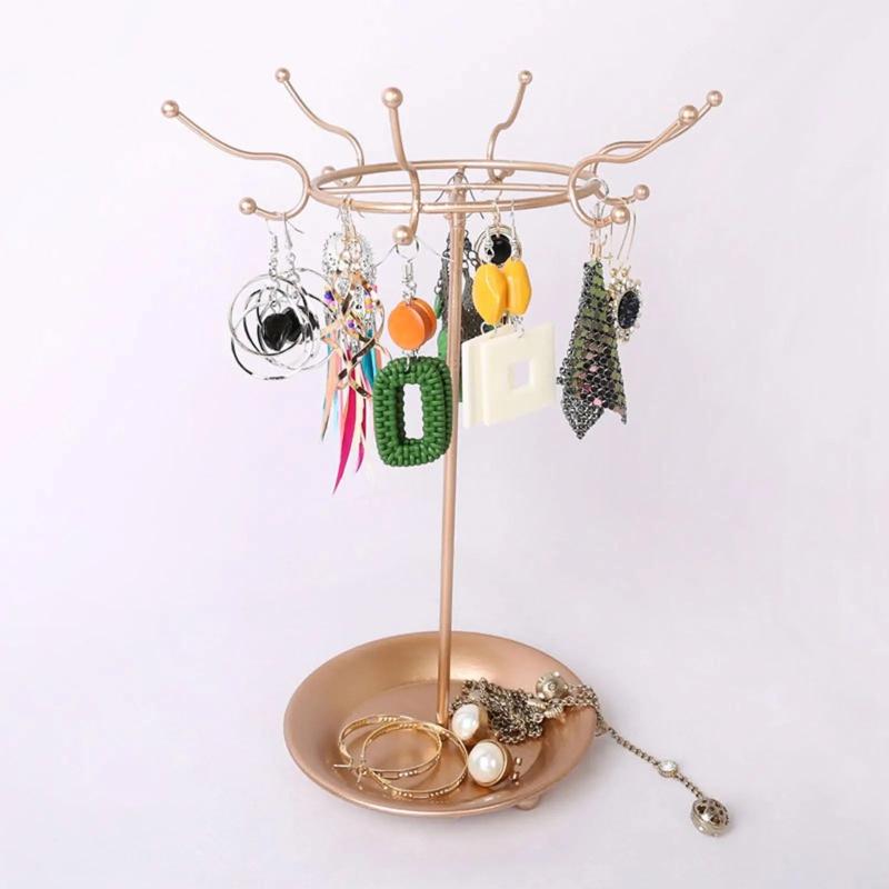 Iron Jewelry Display Stand with Round Base Tray for Earrings and Bangles