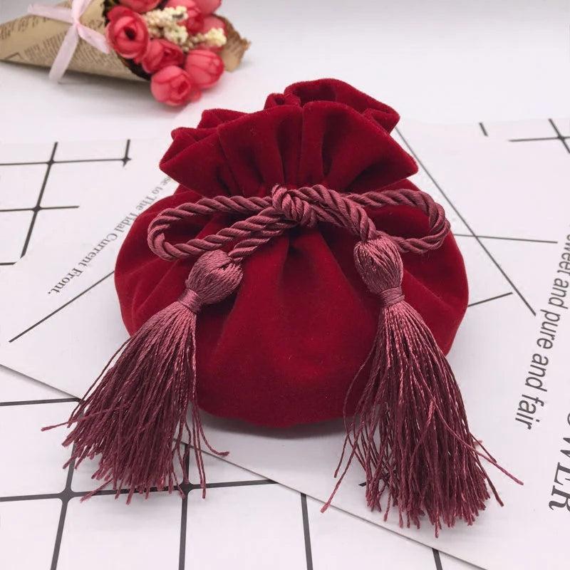 Velvet Bag 12x17cm Wine Red Tassel Drawstring Pouch Bags