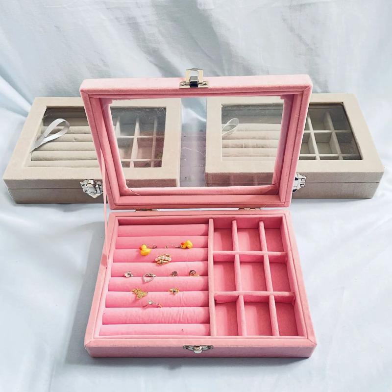 Velvet Jewelry Box with Glass Cover - Ring Display Organizer