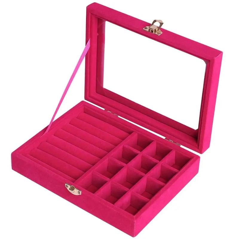 Velvet Clear Lid&Lock Ring Display Box Jewelry Organizer