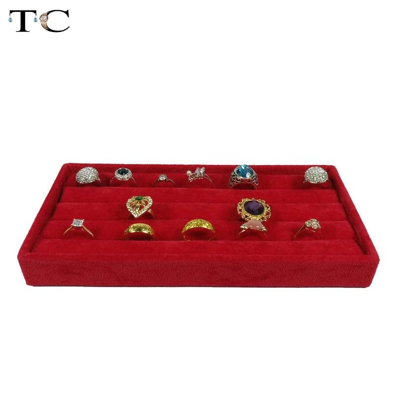 Red Velvet Ring Display Tray Compartment Jewellery Storage Box