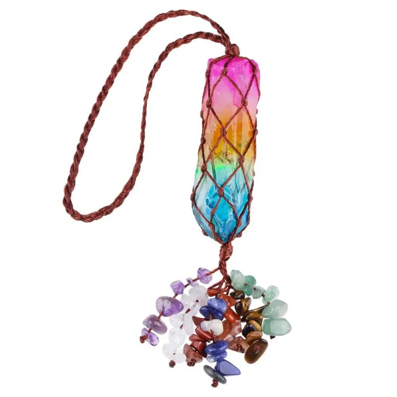 Colorful Titanium Crystal Column with Chakra Stone Tassel Hanging Decor