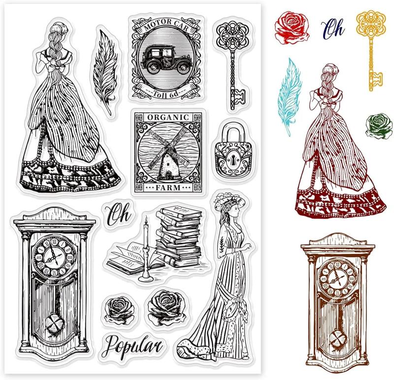 Vintage Lady and Clock Silicone Clear Stamps for DIY Cards Making