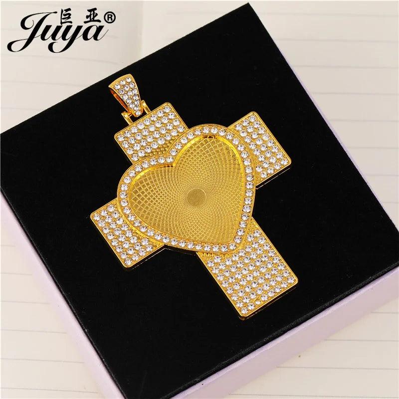 Cross Pendant Base With Rhinestone Bezel 30mm Heart Blank Tray