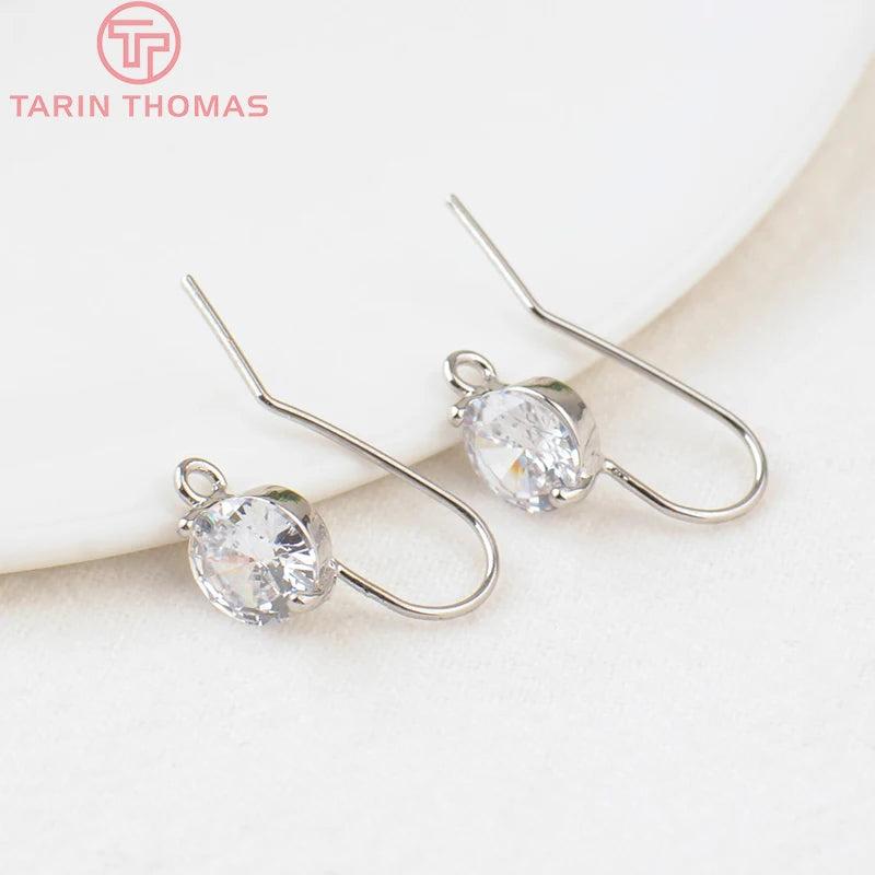 6PCS 25x7MM 24K Plated Brass Zircon Earring Hooks DIY Jewelry Findings