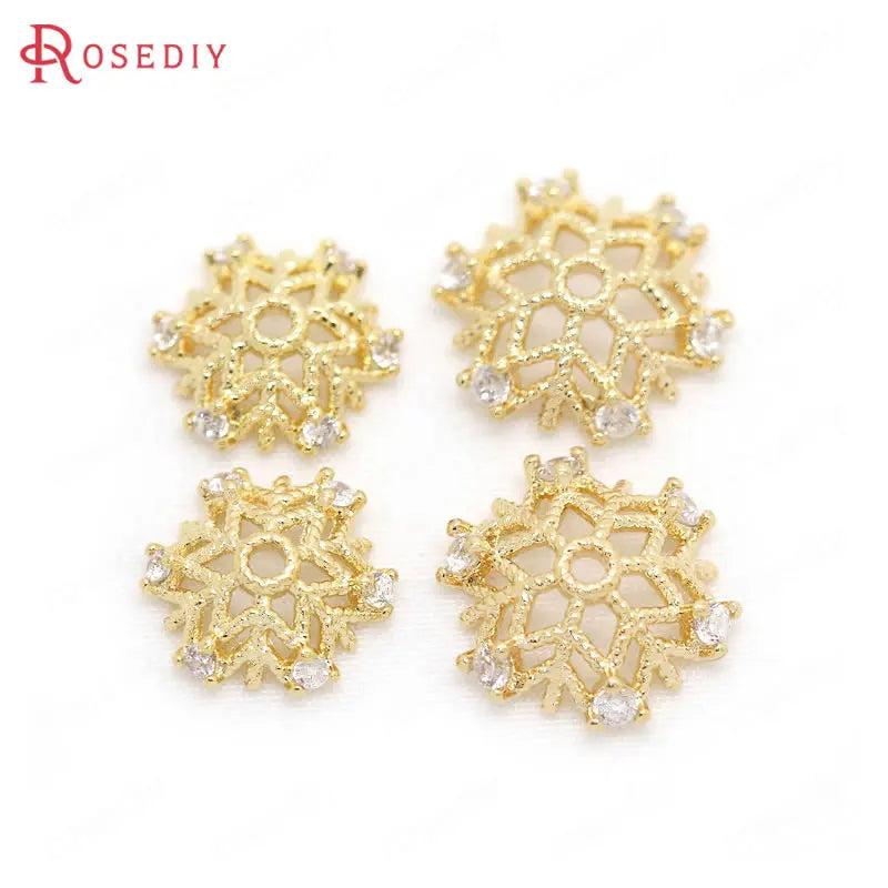 6PCS 10MM 12MM Brass Zircon Snowflake Bead Caps 24K Plated Jewelry Findings