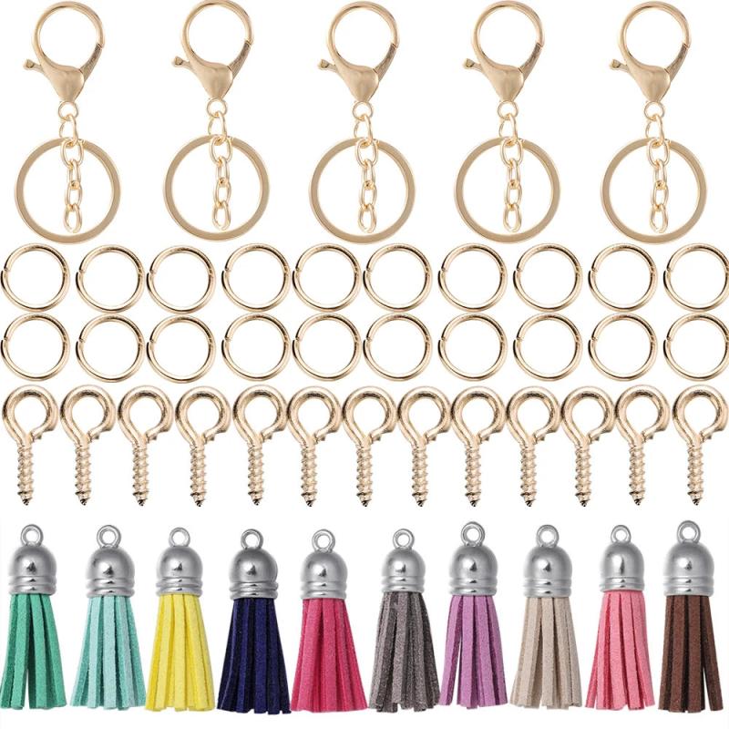65Pcs Keychain Leather Tassels Jump Ring Eye Pin Jewelry Making Kit DIY Key Chai