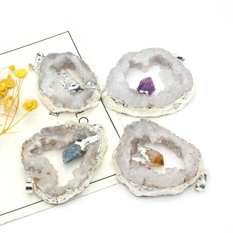 Agate Geode Slice Pendant Natural Stone for DIY Jewelry Making 42x49mm