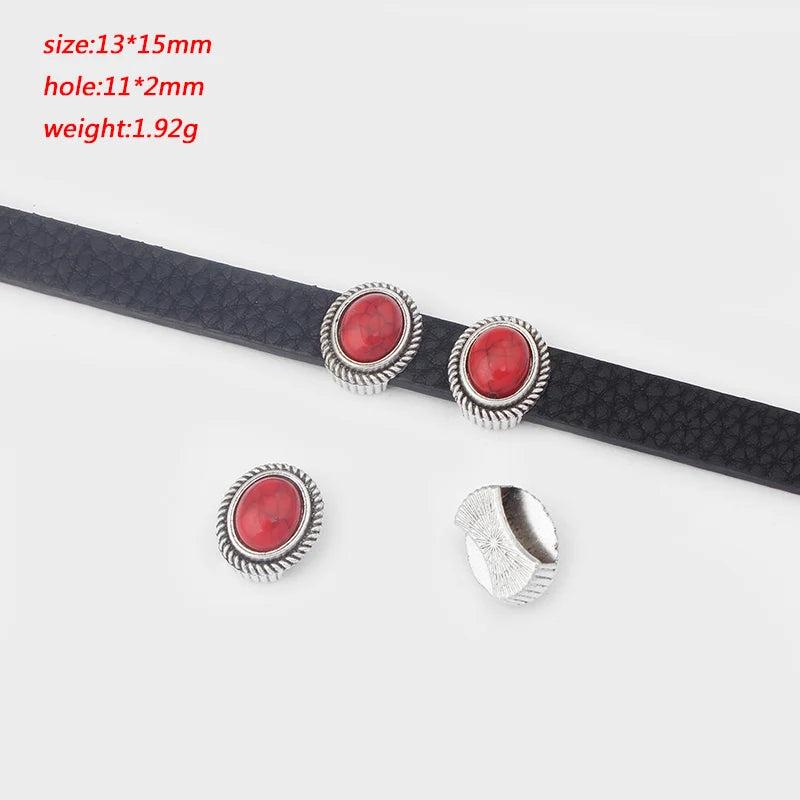 5pcs Silver Red/Blue/Turquoise Beads 10x2mm Flat Leather Sliders For Bracelet
