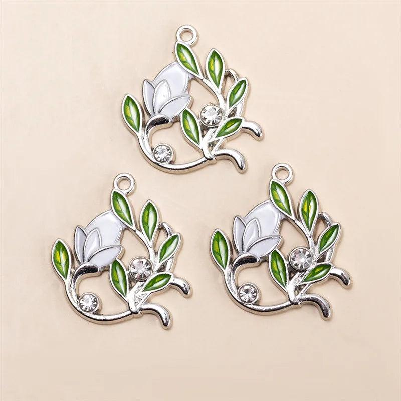 10Pcs Flowers Green Leaves Charms Pendent DIY Jewelry Making Accessories