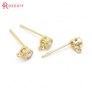 10PCS 4MM 24K Brass Zircon Round Stud Earrings Pins Jewelry Making Supplies