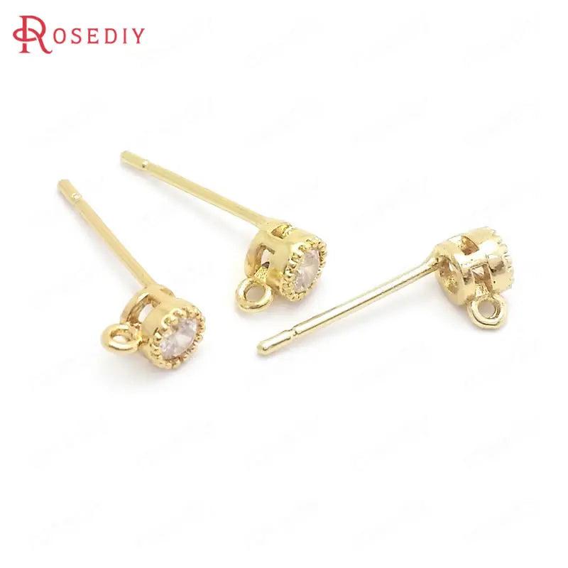 10PCS 4MM 24K Brass Zircon Round Stud Earrings Pins Jewelry Making Supplies