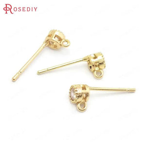 10PCS 4MM 24K Brass Zircon Round Stud Earrings Pins Jewelry Making Supplies