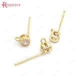 10PCS 4MM 24K Brass Zircon Round Stud Earrings Pins Jewelry Making Supplies