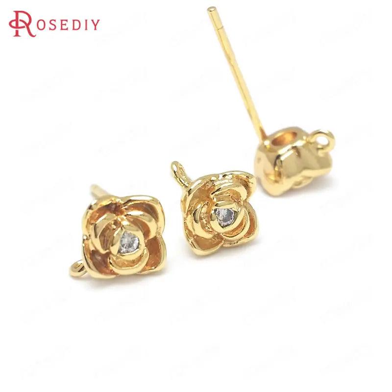 6PCS 6.5x6.5MM Brass Zircon Rose Flower Stud Earrings