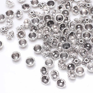 100 Beads Caps Flower Leaves Carved Pattern Antique Silver DIY Necklace