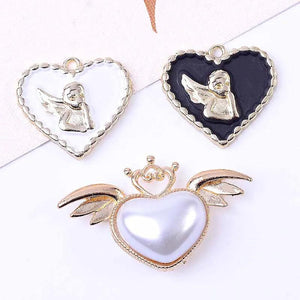 10pcs Heart Tiny Angel Charms Silver Plated Metal Wings Pendants