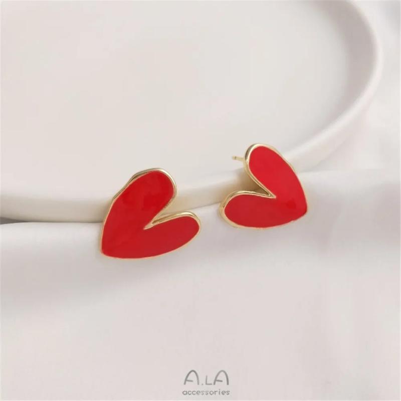 14K Red Heart Earrings with 925 Silver Needle, Temperament Earrings