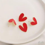14K Red Heart Earrings with 925 Silver Needle, Temperament Earrings