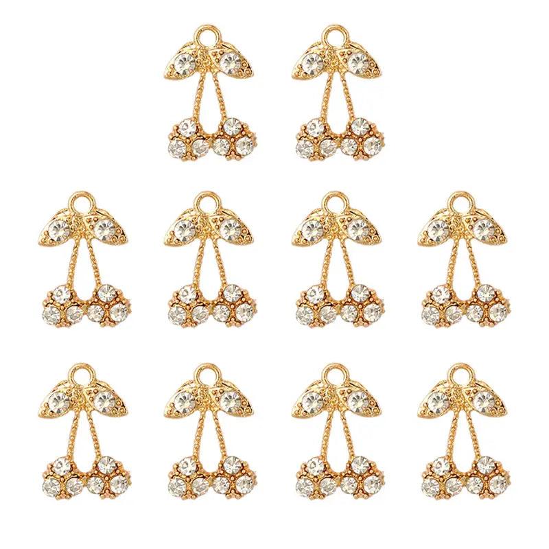 10pcs Multicolor Rhinestone Cherry Charms Alloy Plant Pendants For Necklace DIY