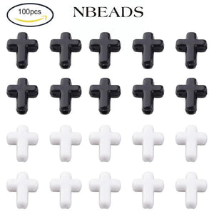 100PC Opaque Acrylic Beads Cross White/Black 16x12x4.5mm