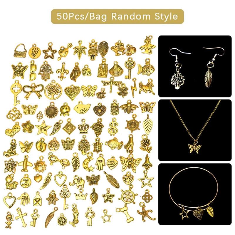 50Pcs Mixed Vintage Metal Jewelry Charm for DIY Bracelet Earrings Necklace