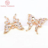 4PCS 16x15.5MM 24K Brass Zircon Butterfly Charms Pendants