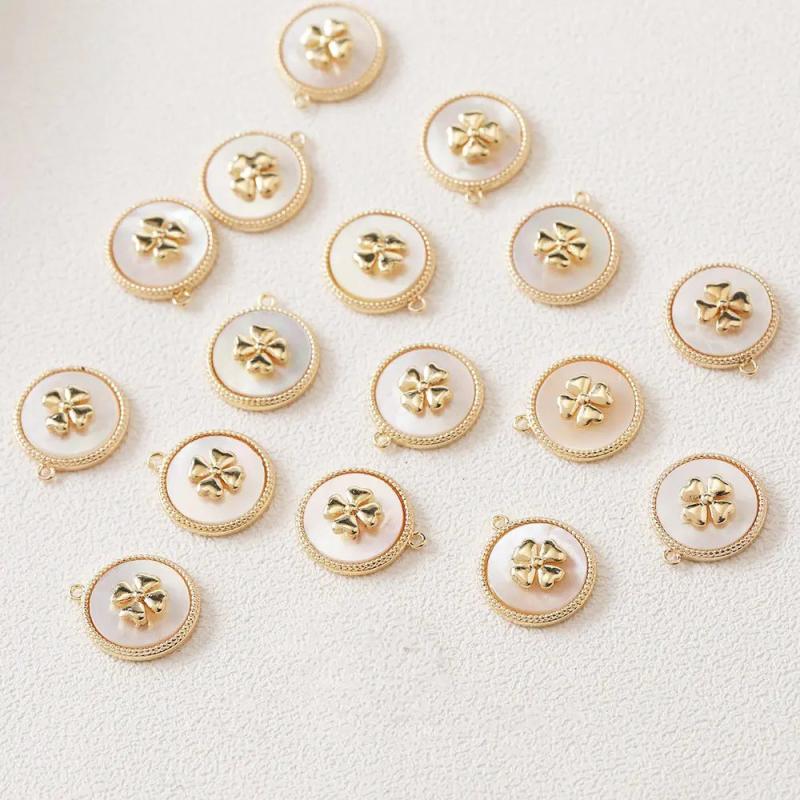 2PCS 14k Plated Round Shell Necklace Pendant Clover DIY Hand Bracelet Accessorie