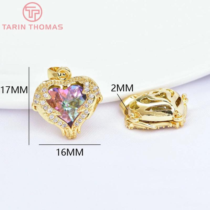 4PCS 16x17MM 24K Brass Zircon Heart Charms Pendants DIY Jewelry Making