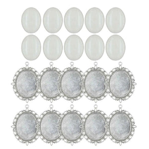 10 Set Alloy Pendant Trays Oval Bezel Trays with Glass Cabochons