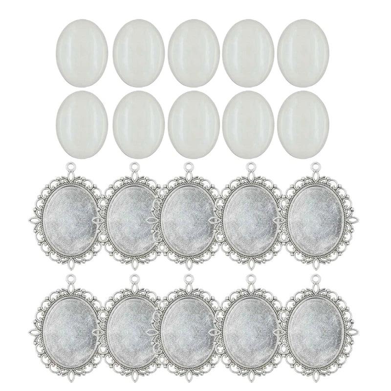 10 Set Alloy Pendant Trays Oval Bezel Trays with Glass Cabochons