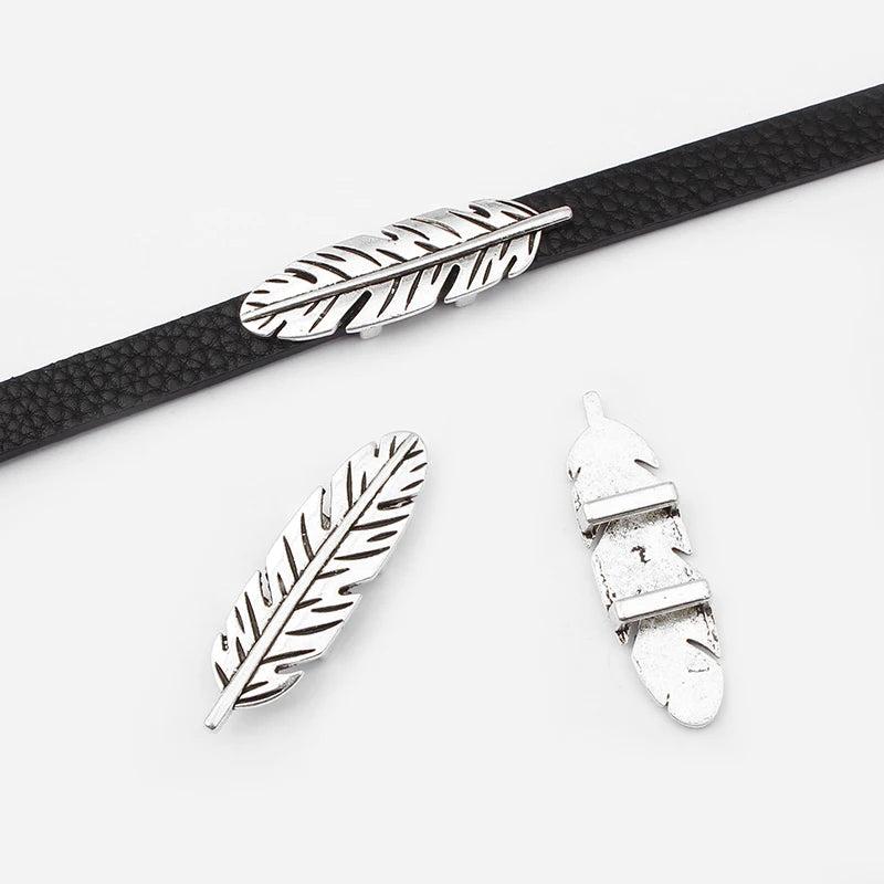 5pcs Antique Brown/Silver Feather Holder Slider Charm for Flat Leather Cord